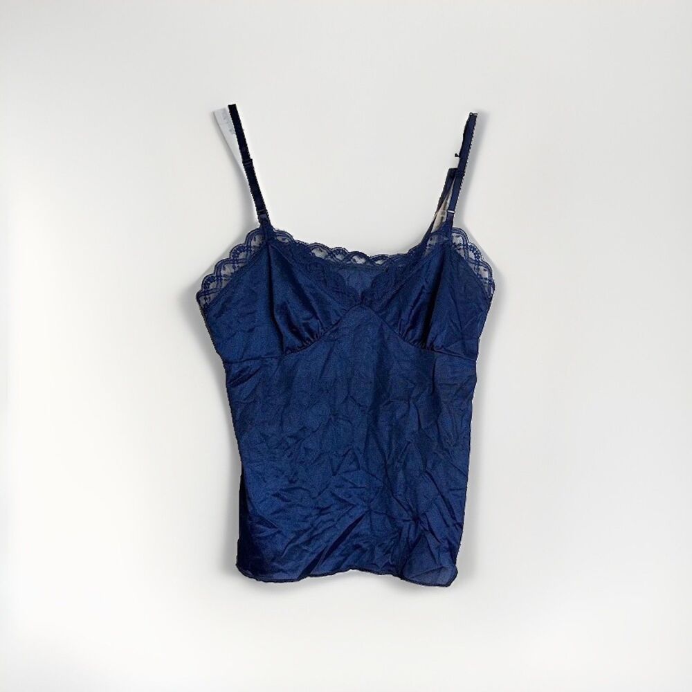 Vtg Deena Lingerie Camisole Tank Top Navy Blue Lace Trim Size 36 M Made in USA
